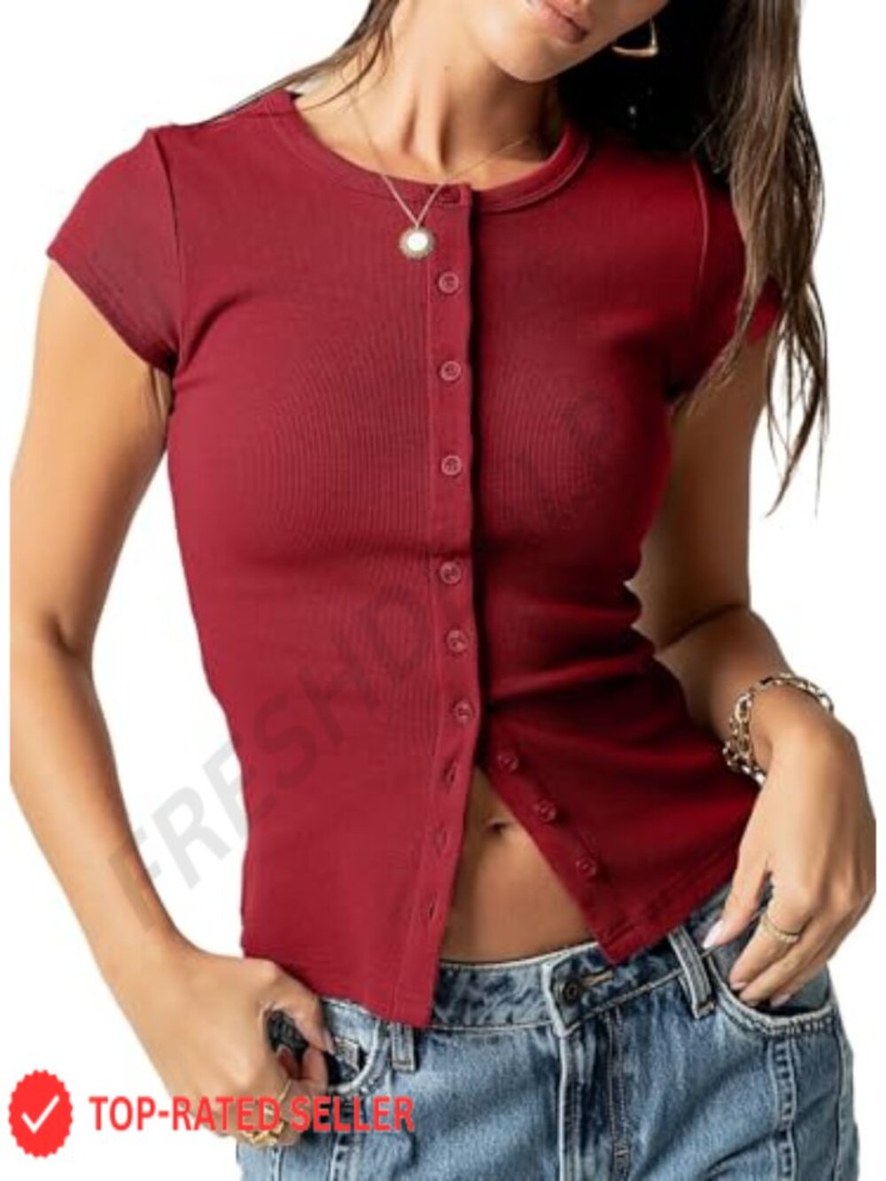 Women's Ribbed Short Sleeve Button Down Slim Fit Cropped Top